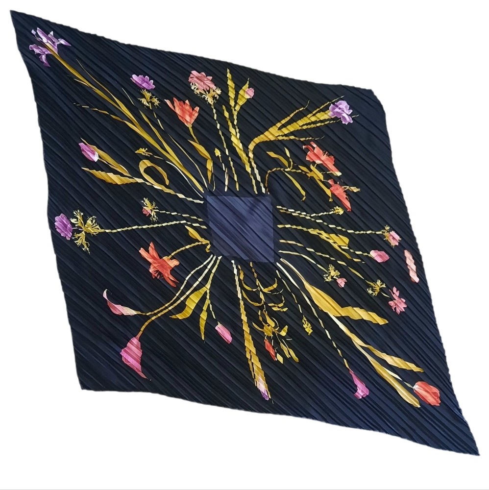 SALVATORE FERRAGAMO Pleated Floral Print Silk Plissé Scarf Black/Multi 90cm